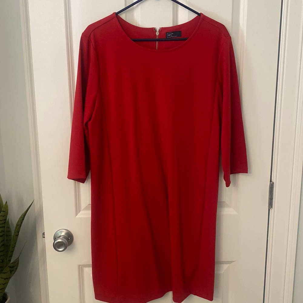 Red ponte knit shift dress